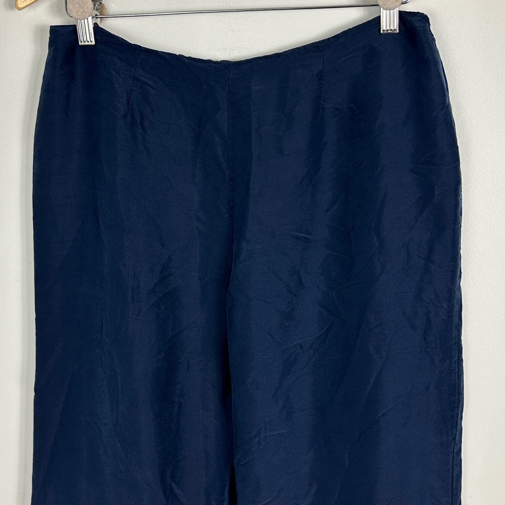 Ralph Lauren 100% Silk Navy Blue Wide Leg Pants Womens Size 12 Back Zip Trousers - Picture 8 of 16
